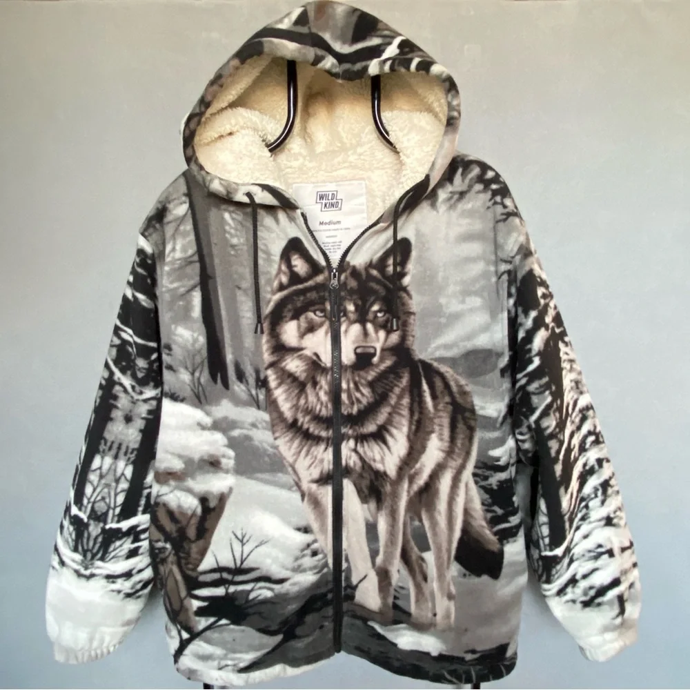 WILDKIND Wolf Graphic Print Gray Hoodie Fleece Sherpa Lined Full Zip Men’s Sz M